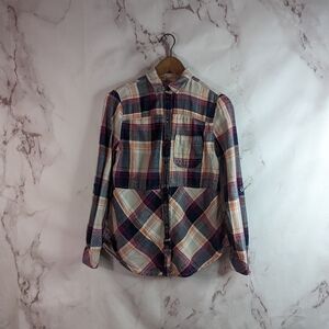 Anthropologie Button Up Shirt Women Size XS Plaid Pink Flannel Holding Horses